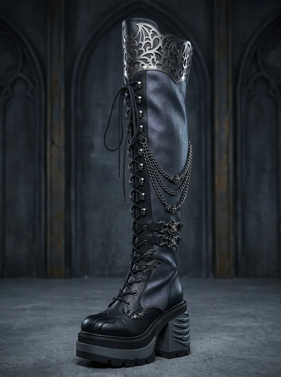 Classic Gothic Skull Bat Wing Look Women's Gothic Platform Boots