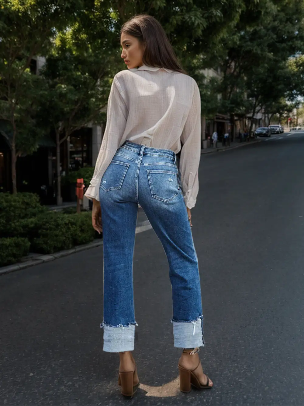 Stepped Waist Raw Hem Rolled Straight Denim Jeans