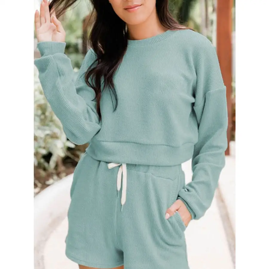 Ribbed Round Neck Long Sleeve Top and Shorts Set