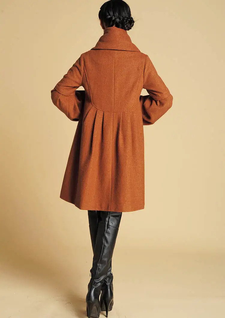 Wool Blend A Line Single Breasted Lantern Sleeve Pocketed Coat