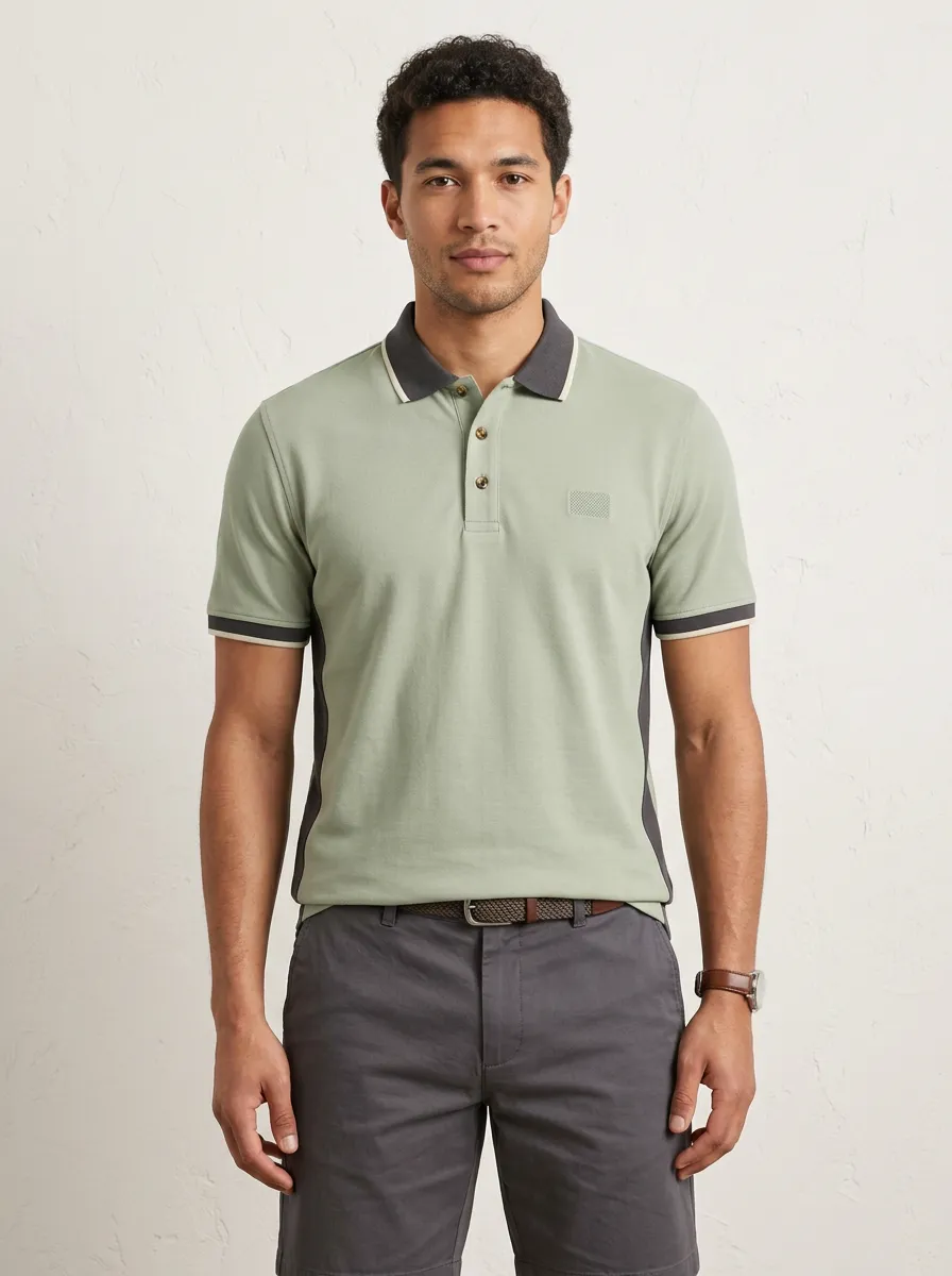 Men's Sage Green Contrast Panel Tipped Collar Polo Shirt