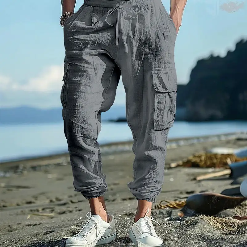 Men's Casual Linen Cargo Waist Pockets Cargo Pants