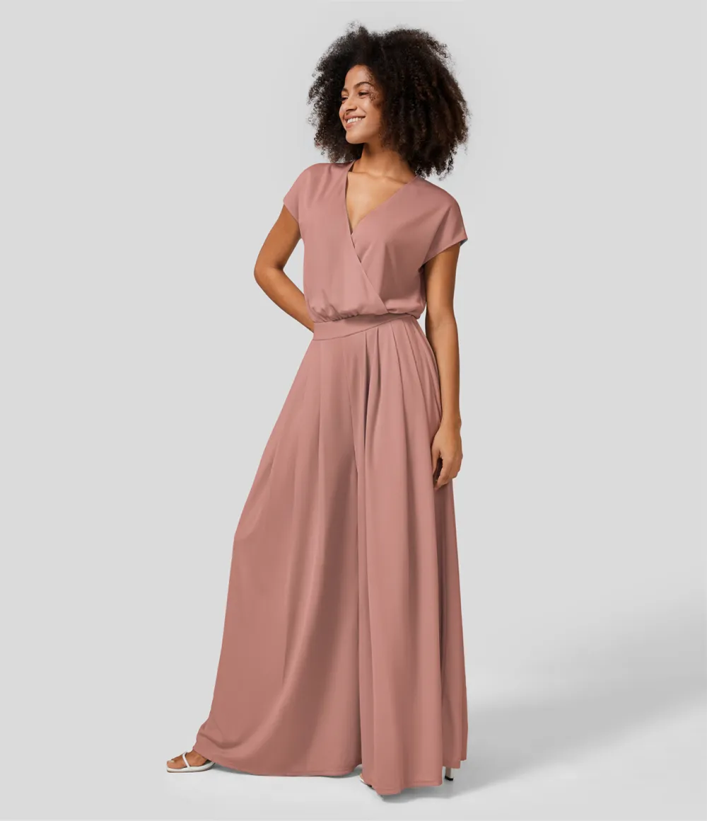 V Neck Short Sleeve Plicated Side Pocket Wide Leg Flowy Waffle Casual Jumpsuit
