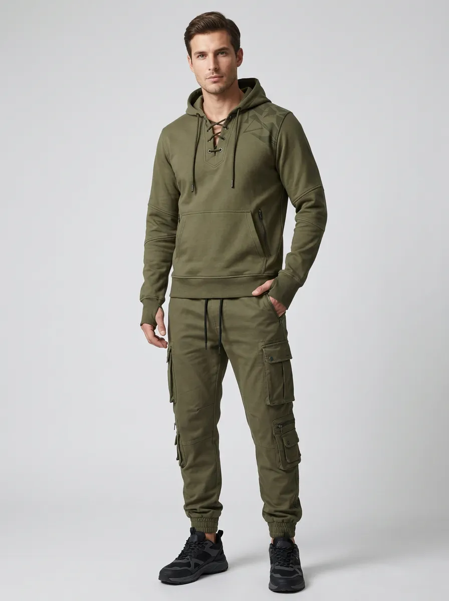 Functional Lace-Up Graphic Print Edit Men's Lace Up Hoodie And Cargo Jogger Set