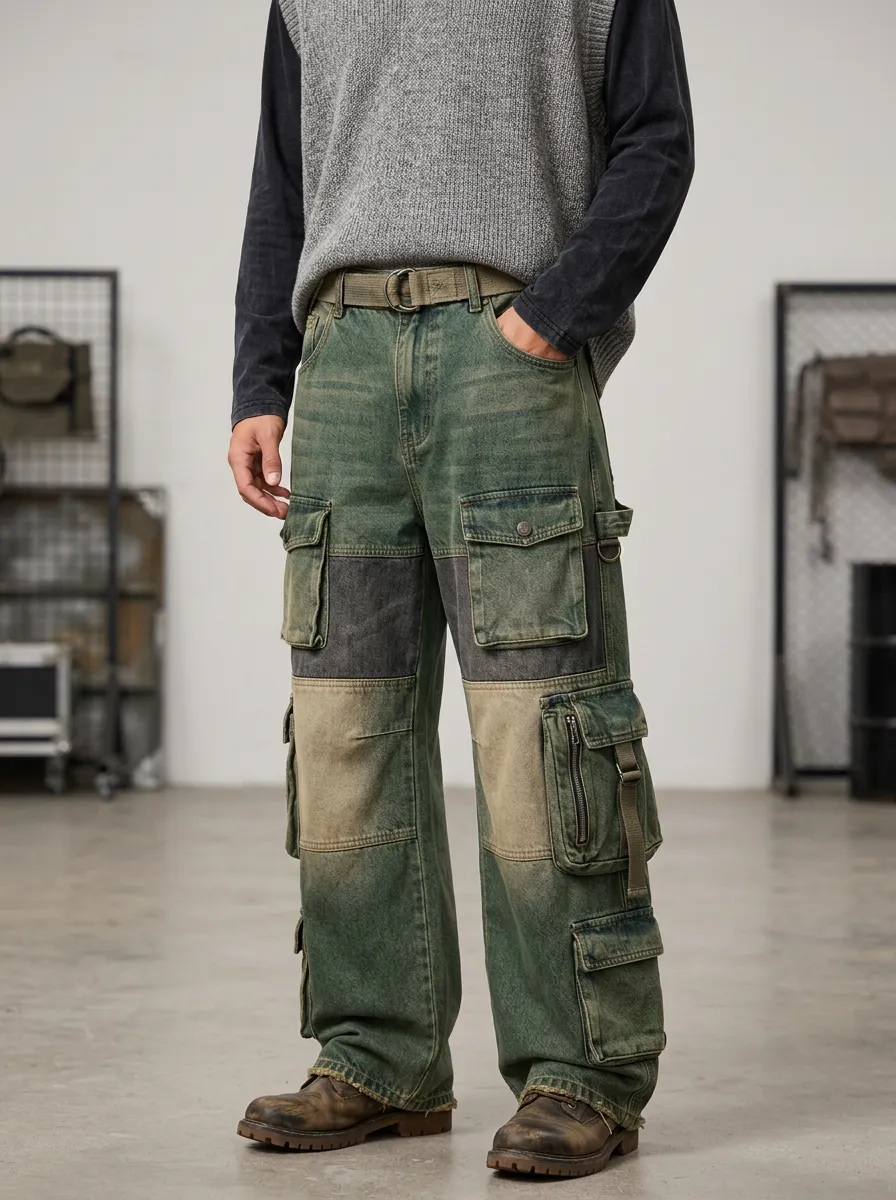 Men's Vintage Washed Patchwork Multi-Pocket Cargo Jeans