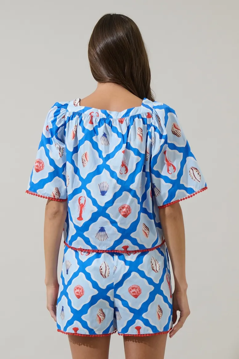 Lobster Bay Blue Print Bell Sleeve Blouse