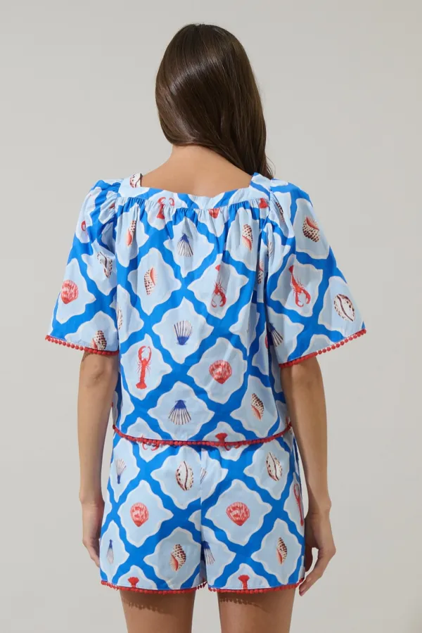 Lobster Bay Blue Print Bell Sleeve Blouse