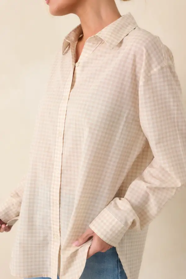 Button-Up Long-Sleeve Gingham Cotton Top