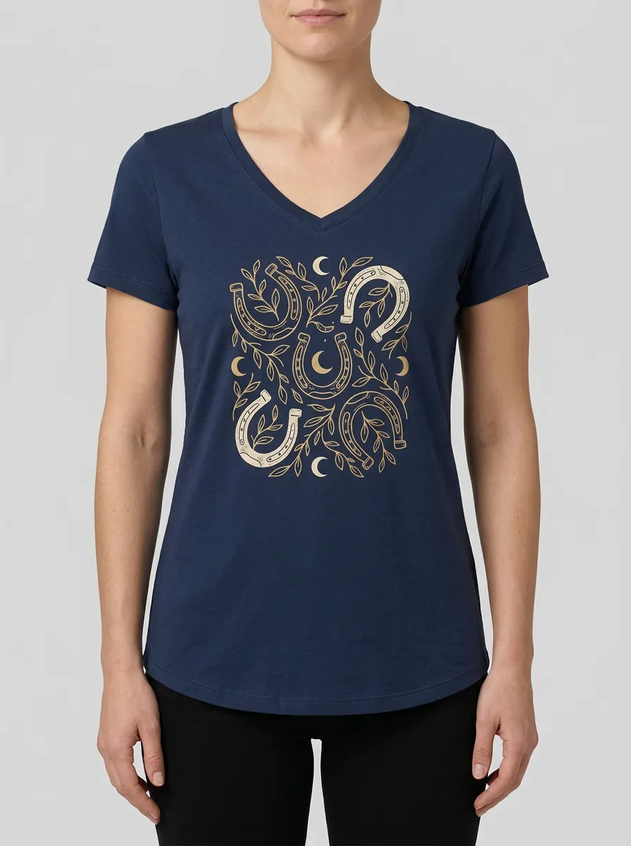 Women's Horseshoe Moon & Leaf Graphic V-Neck T-Shirt