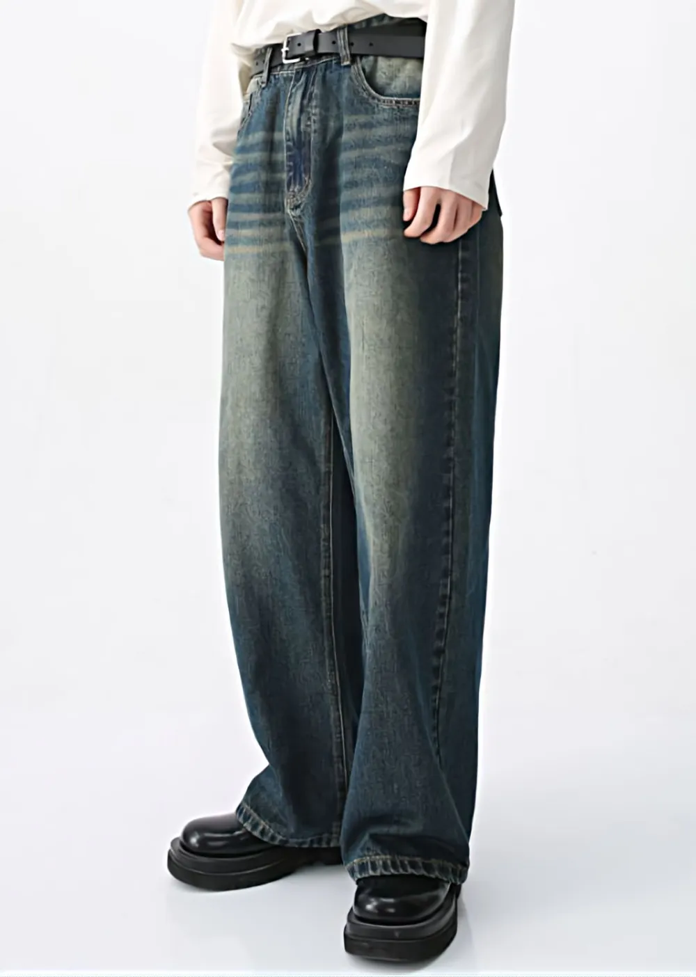 Wide-Leg Vintage-Wash Two-Tone Jeans