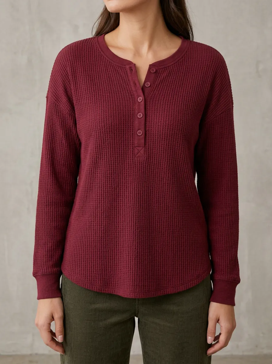 Heritage Inspired Waffle Knit Button Down Henley Top