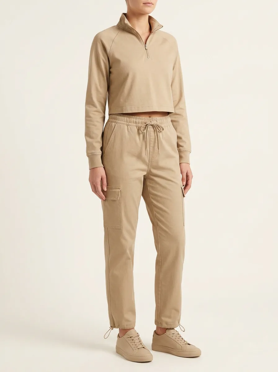 Women's Raglan Quarter-Zip Cropped Pullover and Toggle-Hem Cargo Jogger Set