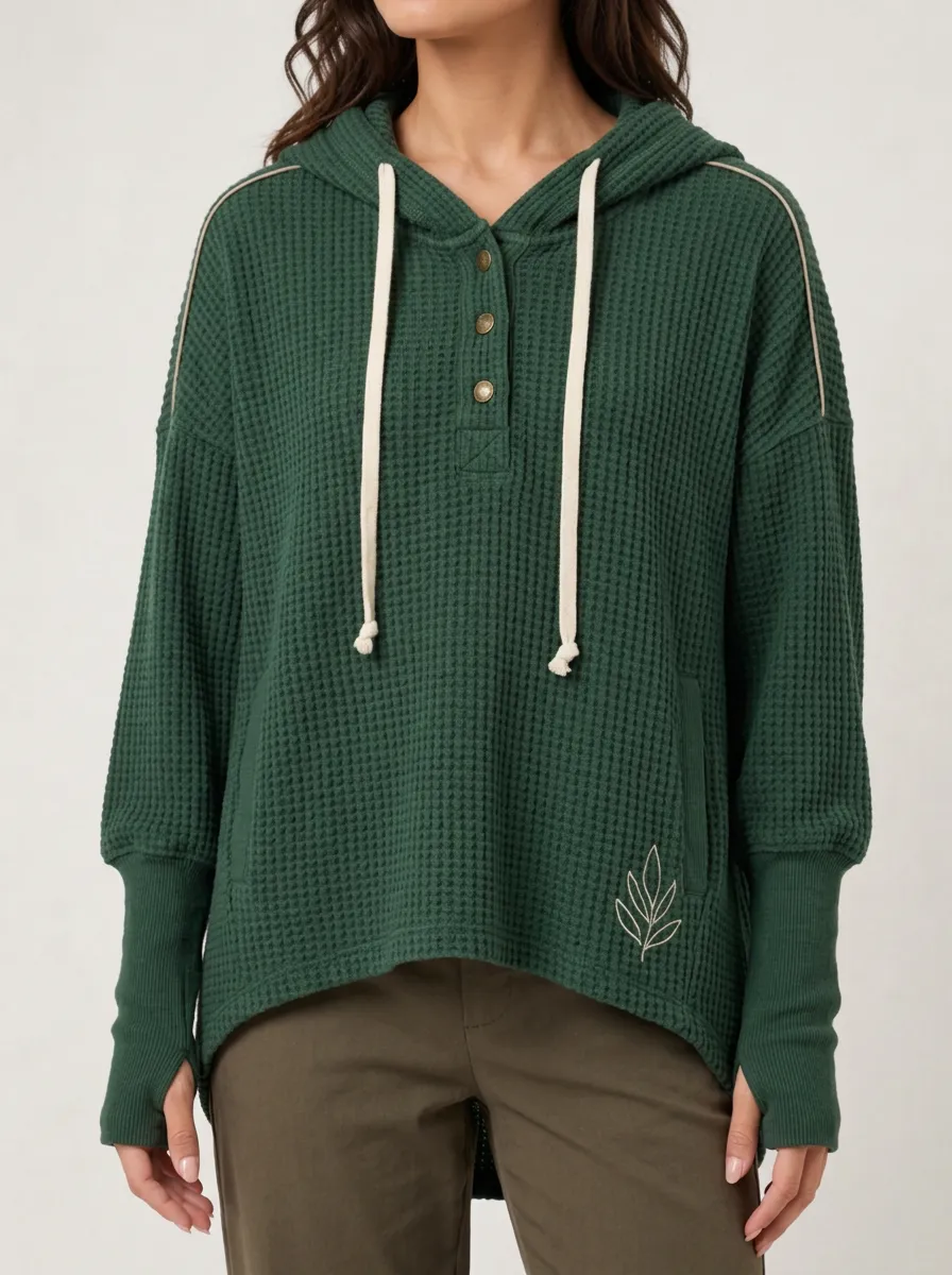 Women's Nature Lover Leaf Embroidered Waffle Knit Hoodie