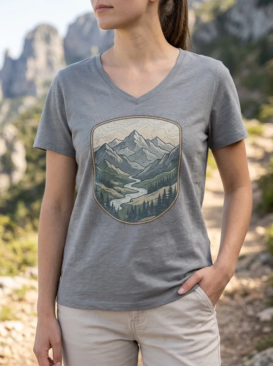 Women's Mountain Hiking Lover Nature Landscape Printed V-Neck T-Shirt