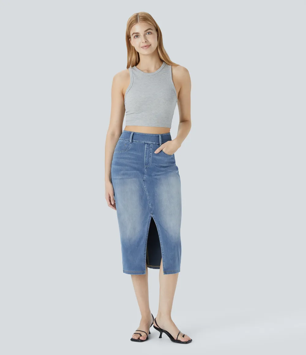 Magic High Waisted Multiple Pockets Bodycon Split Washed Stretchy Knit Denim Casual Midi Skirt