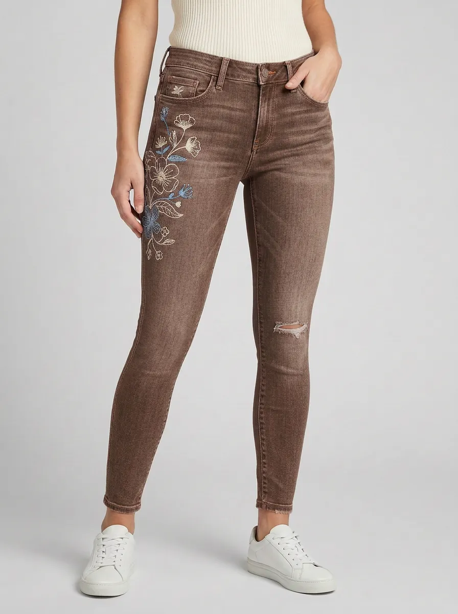 Women's Willow Floral Embroidered Distressed Slim Jeans