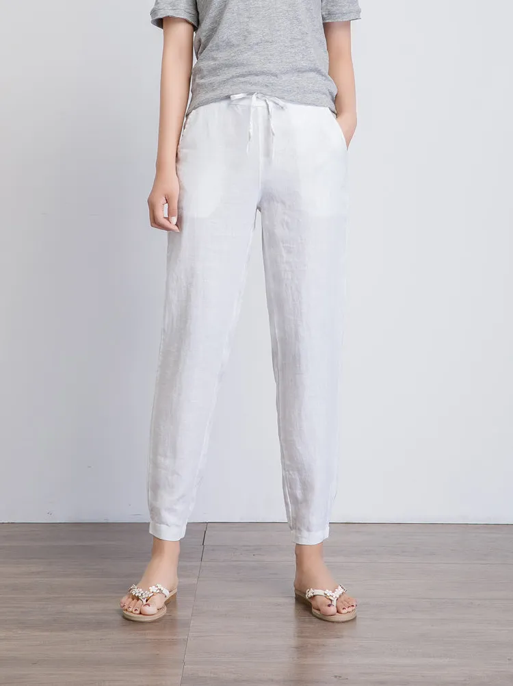 Linen Tapered Cropped High Waist Pocketed Trousers