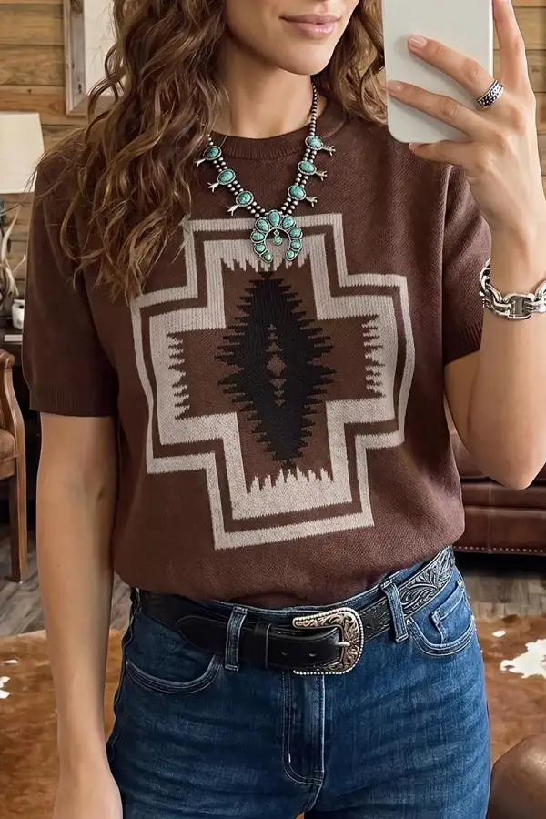 Short Sleeve Ribbed Graphic Sweater