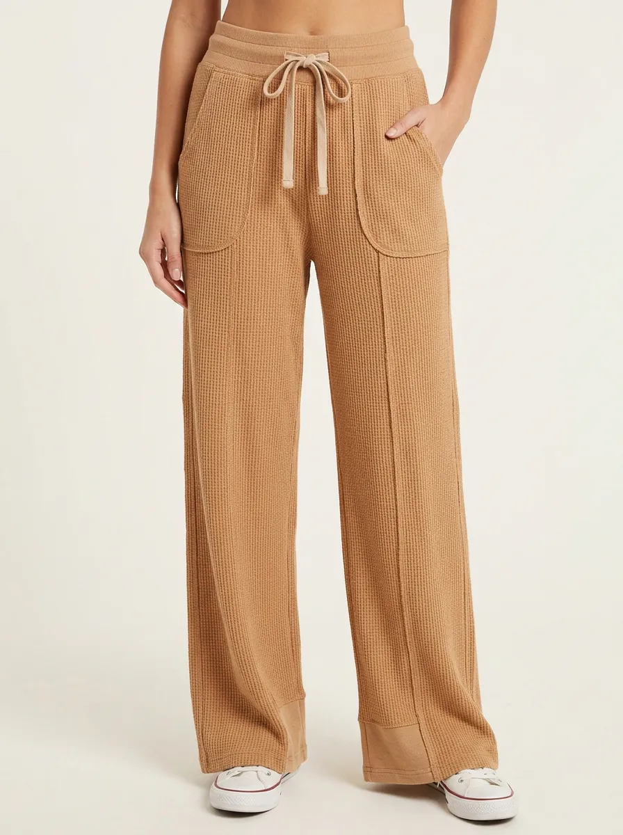 Women's Casual Lounge Waffle Knit Drawstring Wide Leg Pants