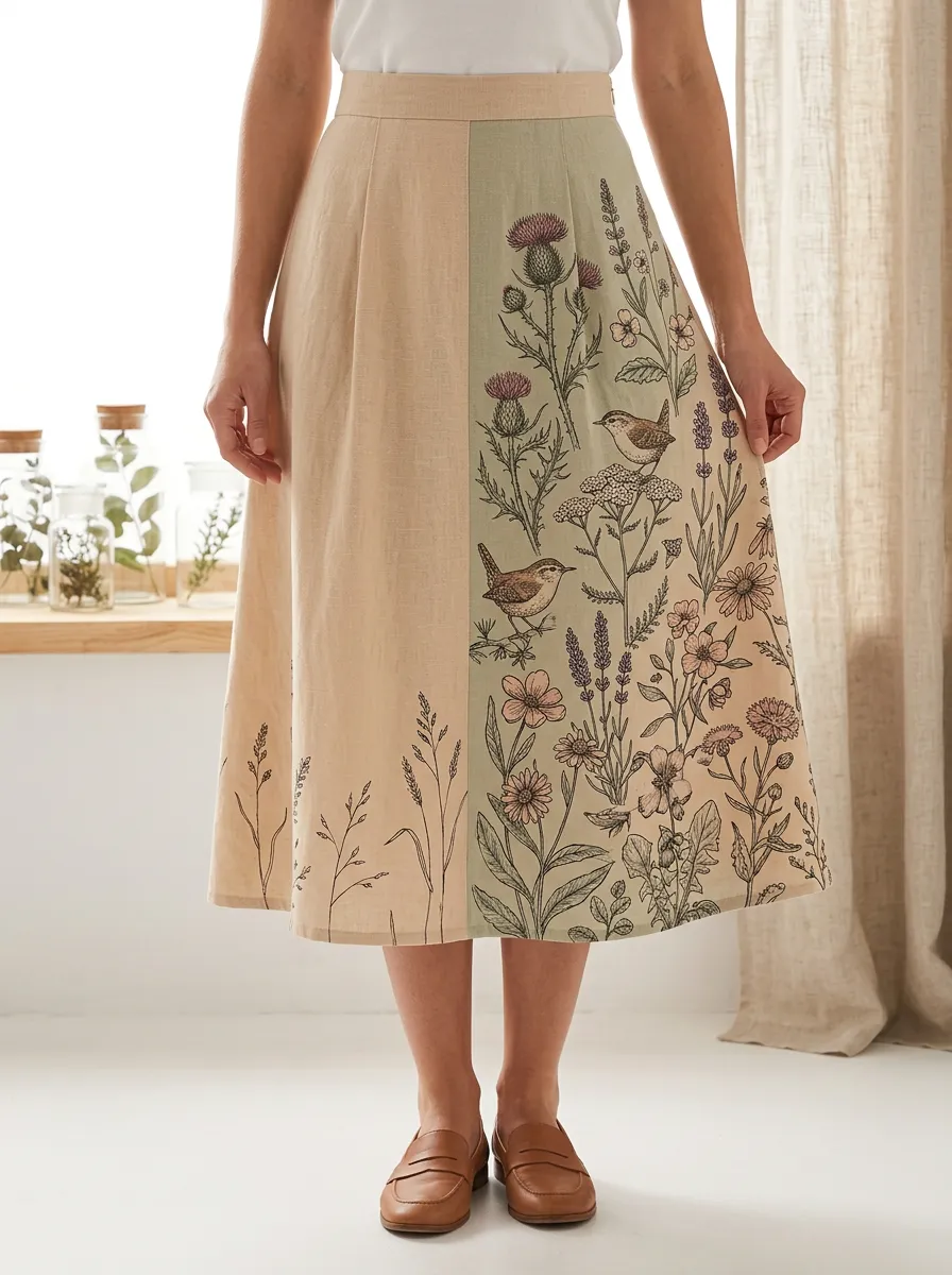 Women's And Sage Botanical Print A-Line Midi Skirt