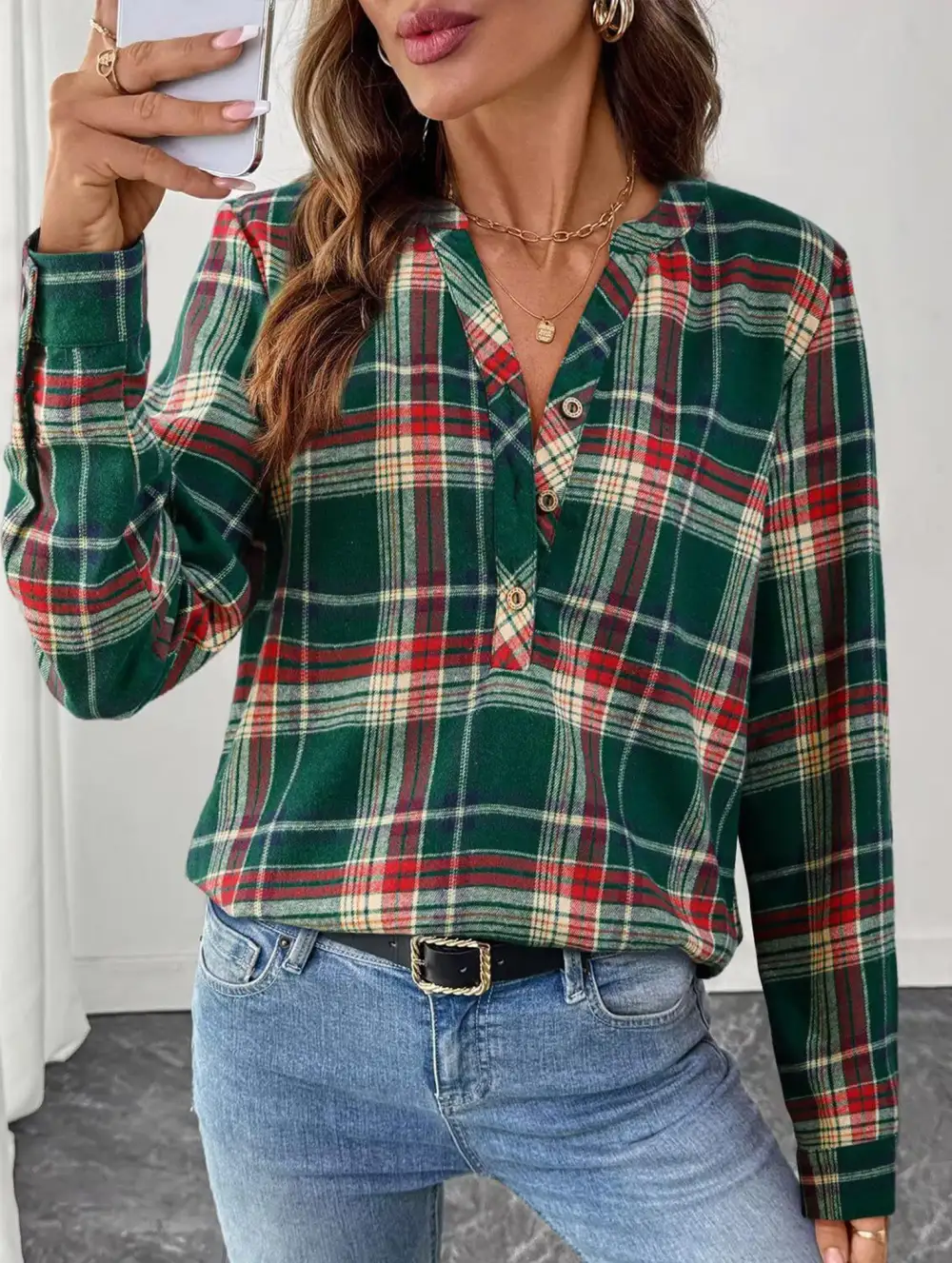 V Neck Plaid Button Shirt