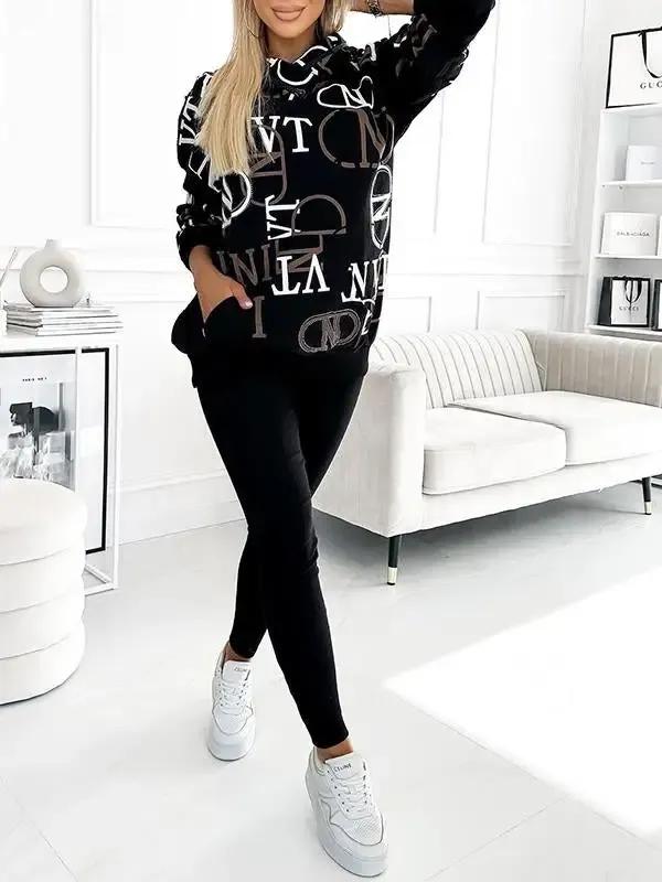 Printed Hooded Casual Two-piece Suit
