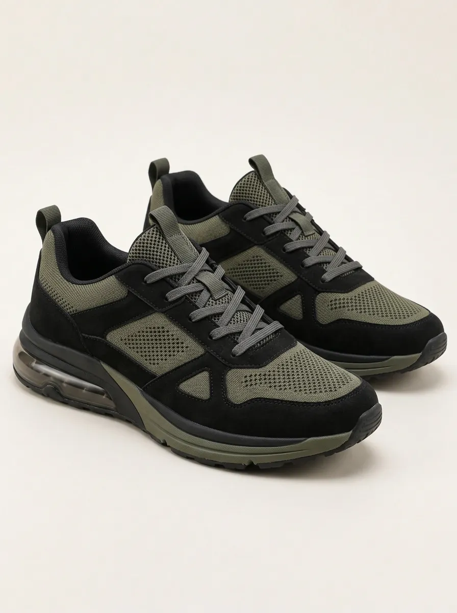 Men's Olive and Tan Textured Utility-Panel Air-Cushion Sneakers