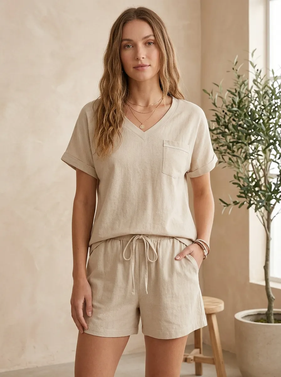 Short-Sleeve Pocket Lace-Detail Women's V-Neck Shirt