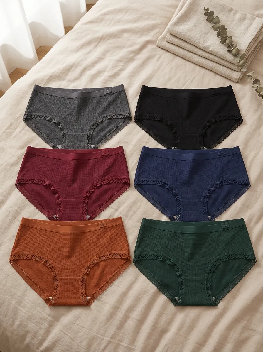 Women's Waffle Knit Lace Trim Multi-Color Cotton Panties Set