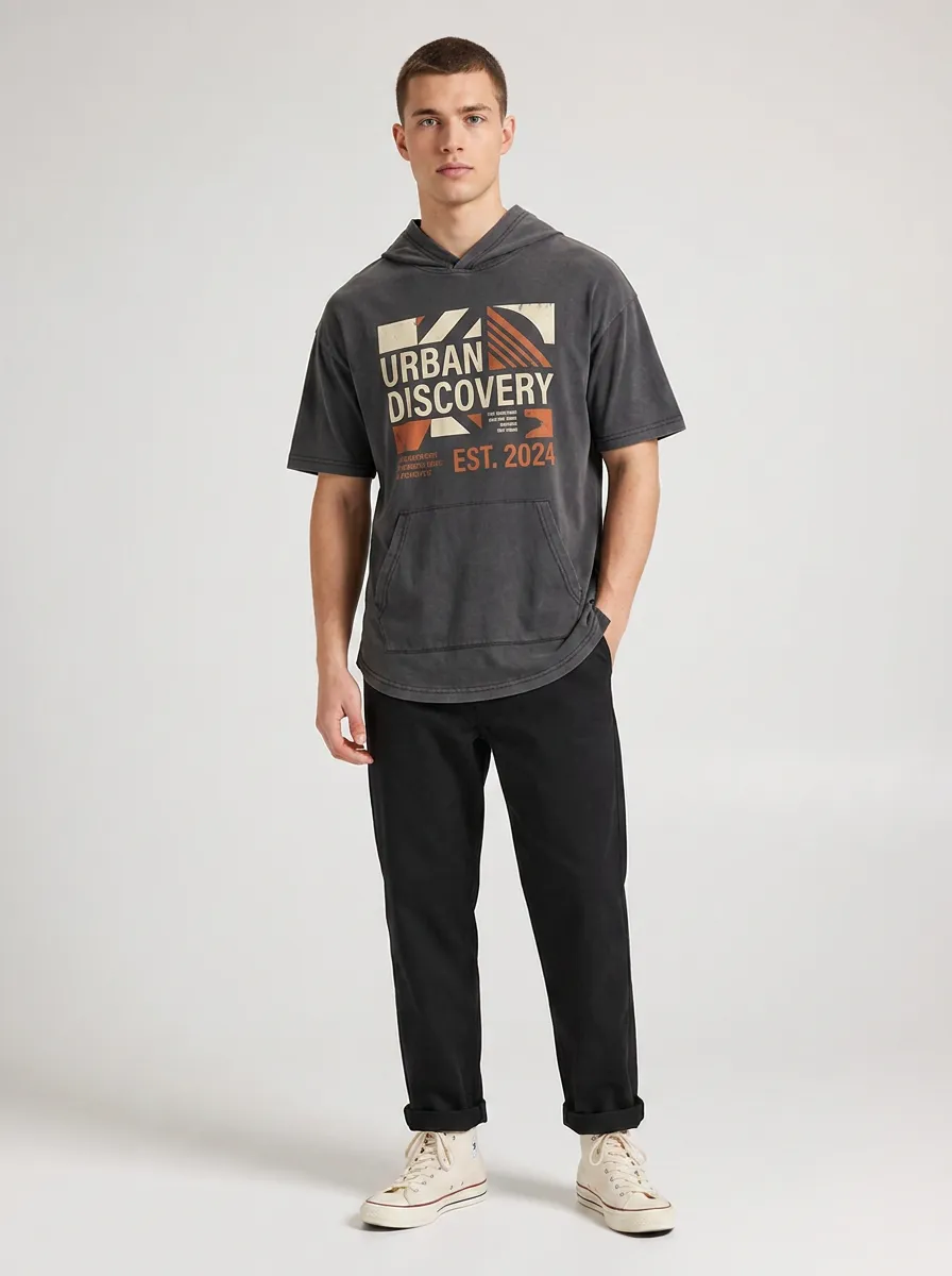Men's Urban Discovery Graphic Printed Hooded T-shirt with Kangaroo Pocket
