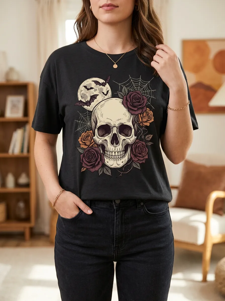 Women's Halloween Gothic Skull Rose Moon Bat Relaxed Crew Neck T-Shirt