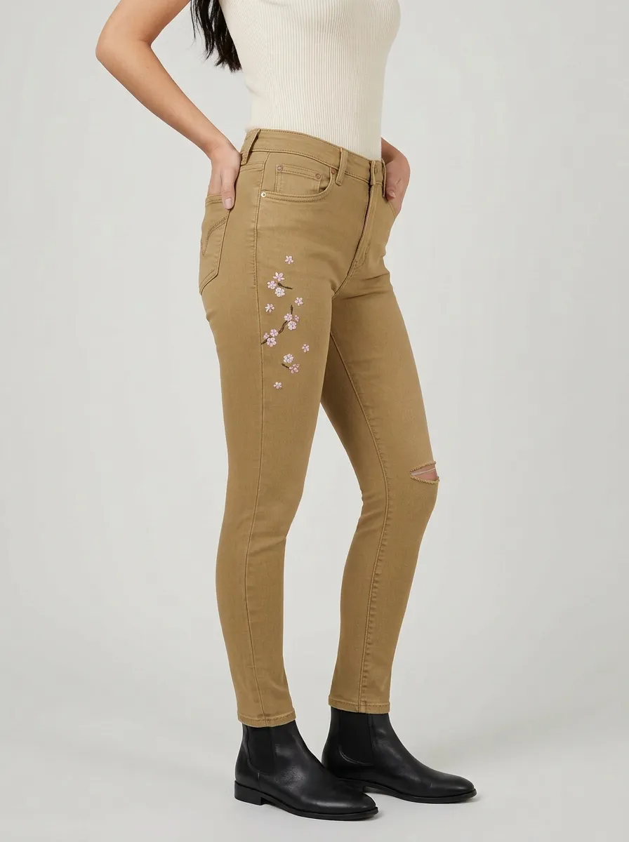 Women's Floral Cherry Blossom Embroidered Printed Slim Jeans