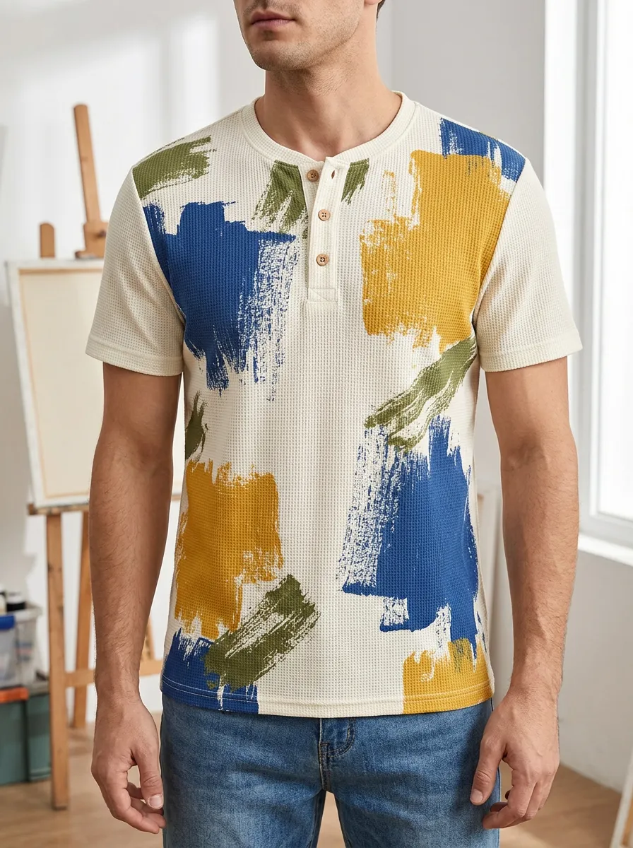 Men's Fresh Abstract Paint Stroke Waffle Henley T-Shirt