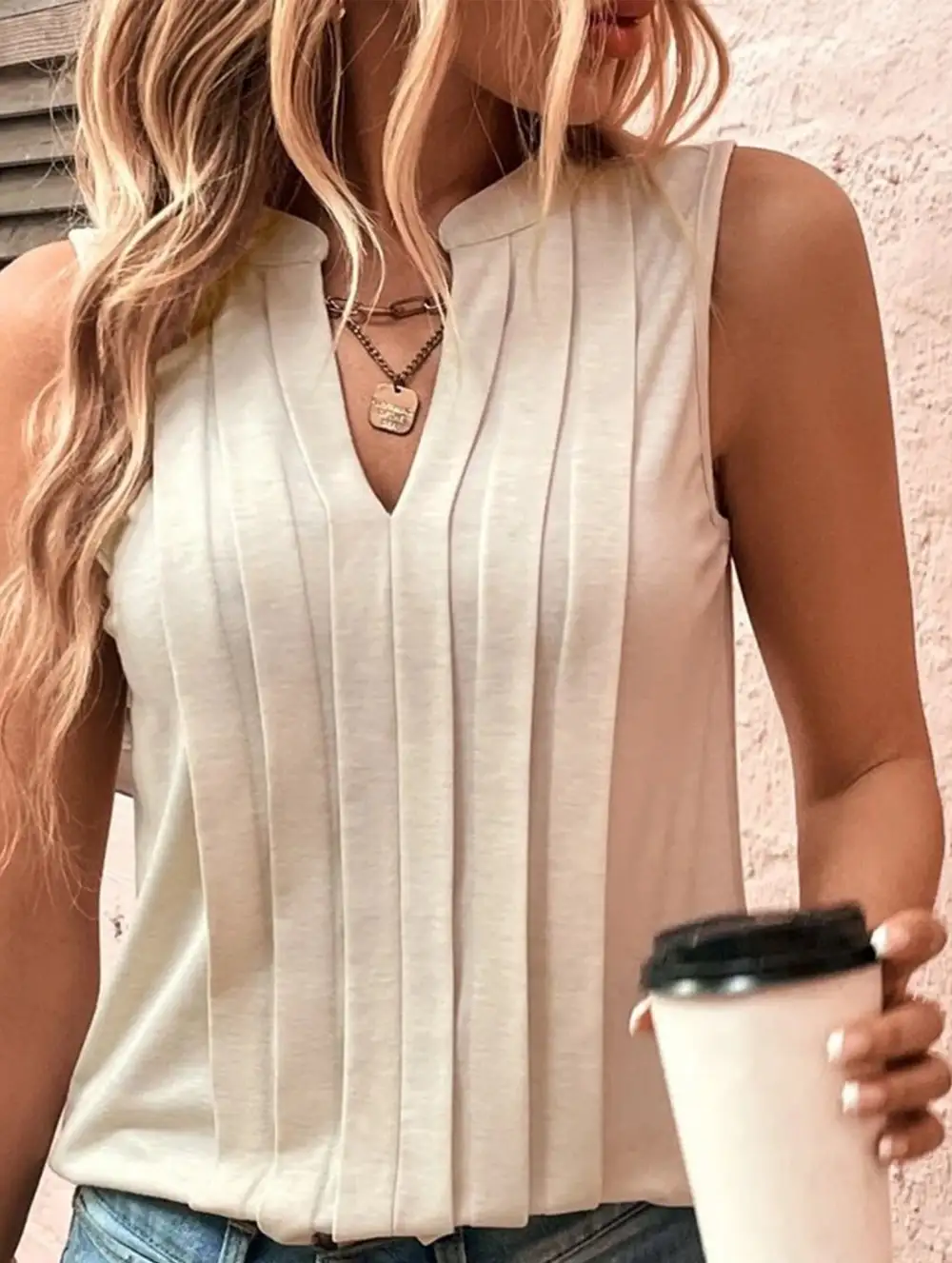 Slim Fit Pleats Sleeveless V Neck Top