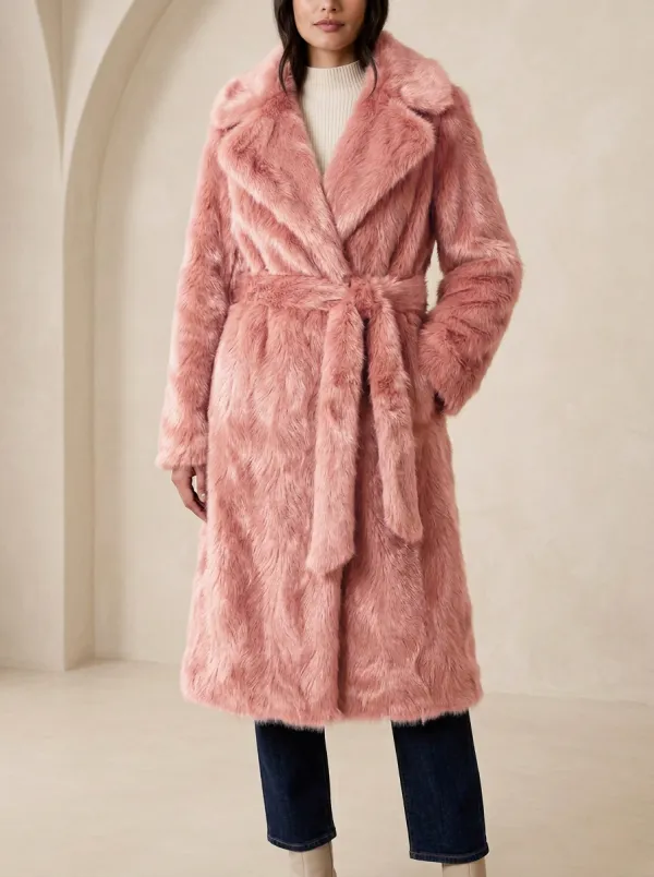 Notched Lapel Faux Fur Belted Coat
