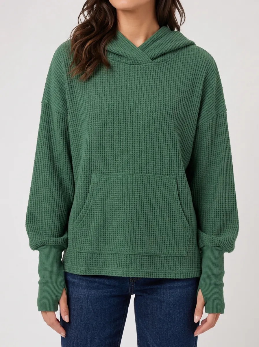 Textured Casual Waffle Knit Hooded Pullover Top
