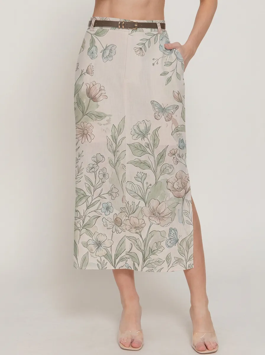 Women's Floral Butterfly Nature Lover Printed Midi Skirt