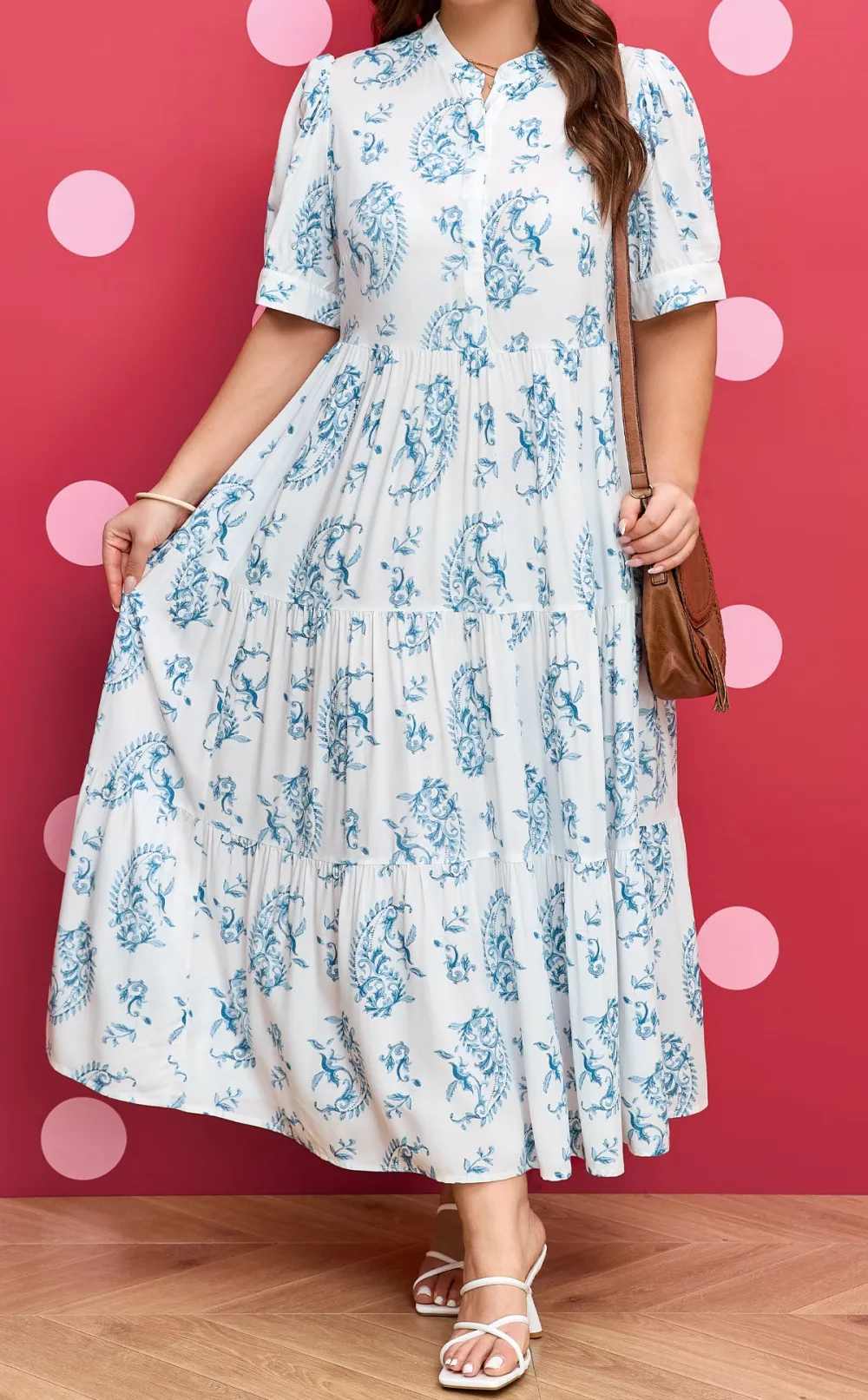 Plus Fit Geometric Floral Print Button Split Neck Short Sleeve Maxi Dress