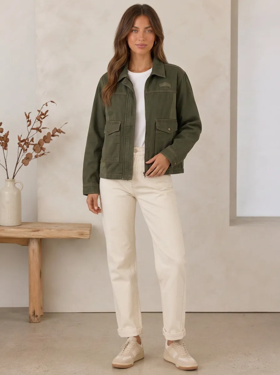 Women's Casual Outdoor Olive Green Utility Printed Jacket