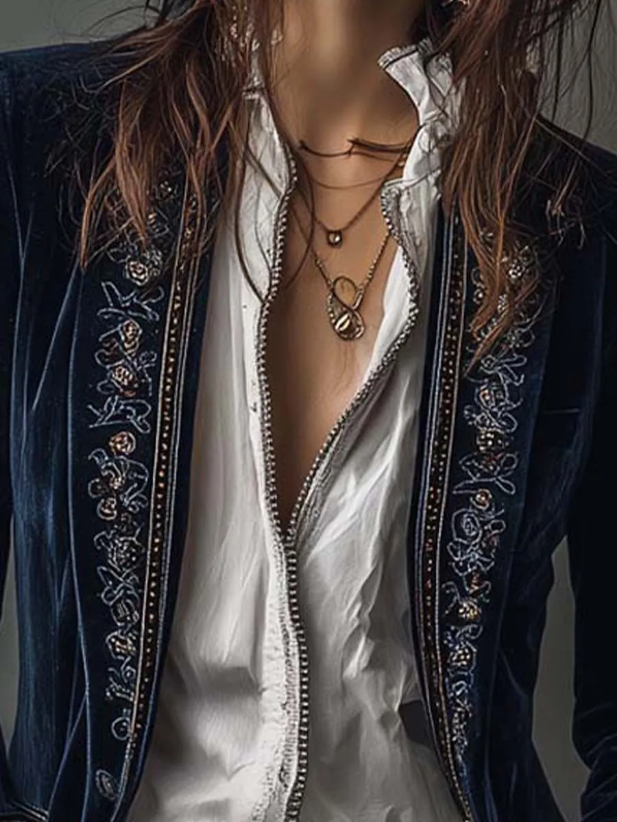 Open-Front Lapel-Collar Velvet Vintage-Inspired Tailored Jacket