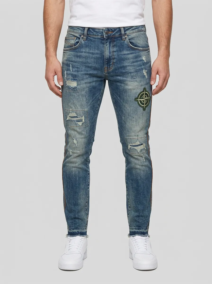 Men's Compass Patch Distressed Slim-Fit Jeans