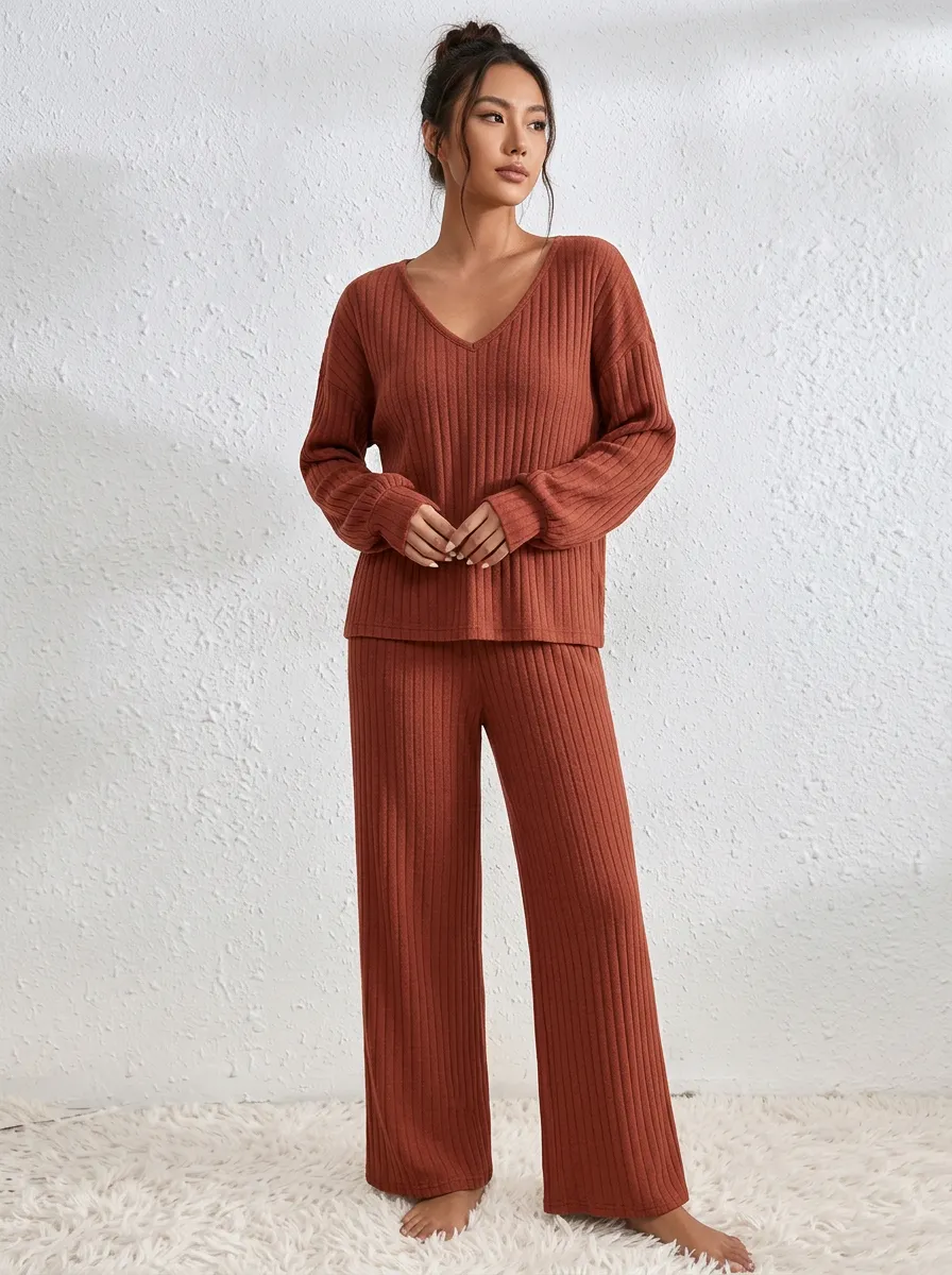 Ribbed V Neck Casual Set