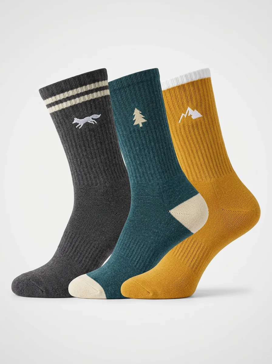 Fox Mountain Embroidered Men's Three-Pair Crew Socks