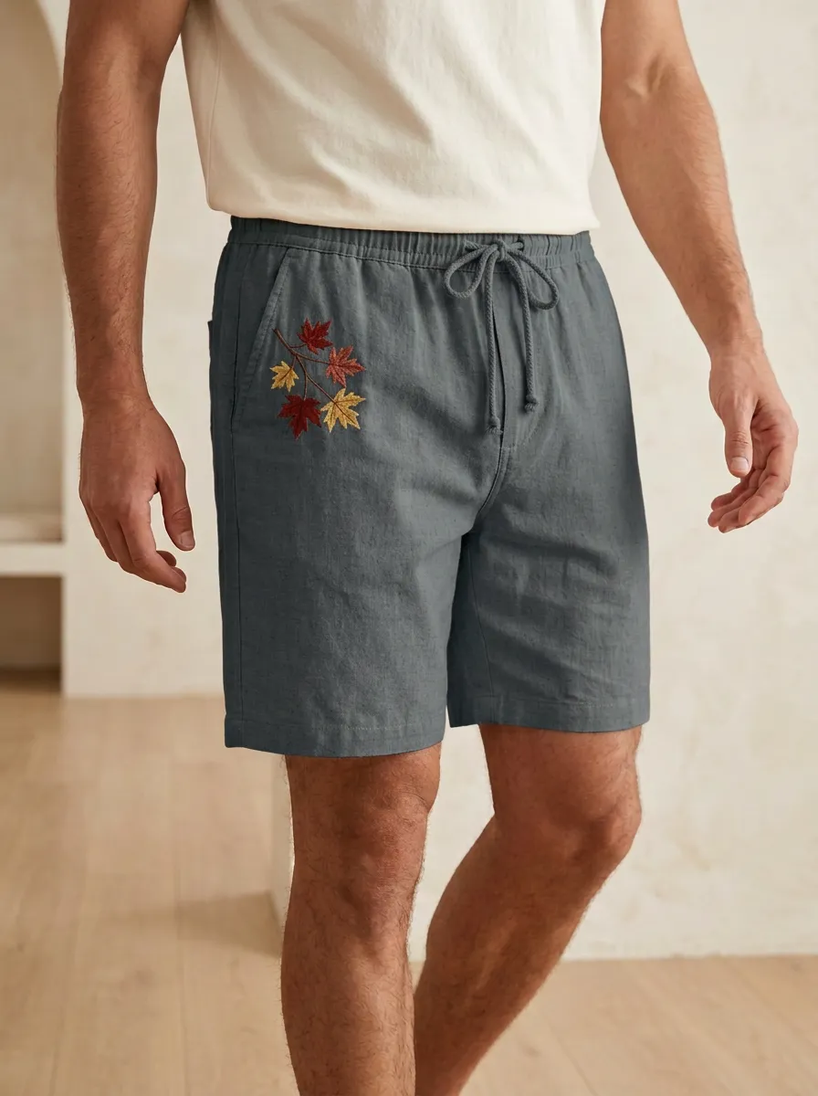 Embroidered Leaf Detail Drawstring Pocket Shorts