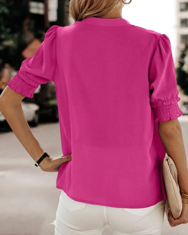 V Neck Smocked Sleeve Blouse