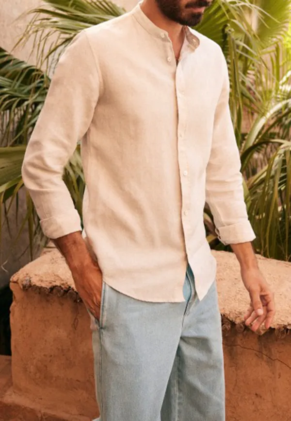 Cream Mandarin Collar Linen Blend Long Sleeve Shirt