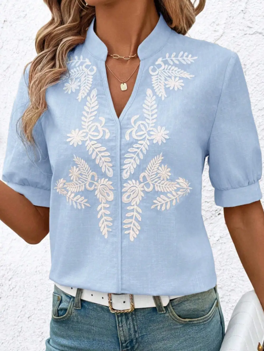 Everyday V Neck Embroidered Blouse