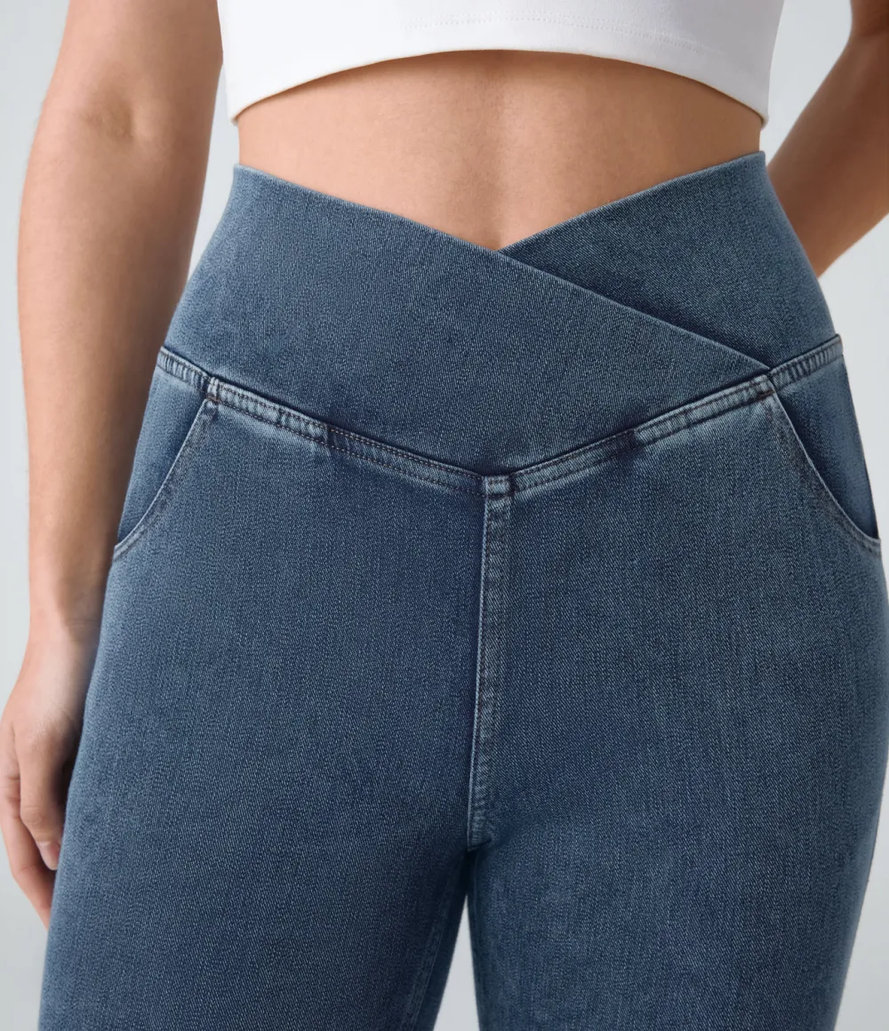 Magic High Waisted Crossover Pocket Cool Touch Washed Stretchy Knit Casual Super Flare Jeans