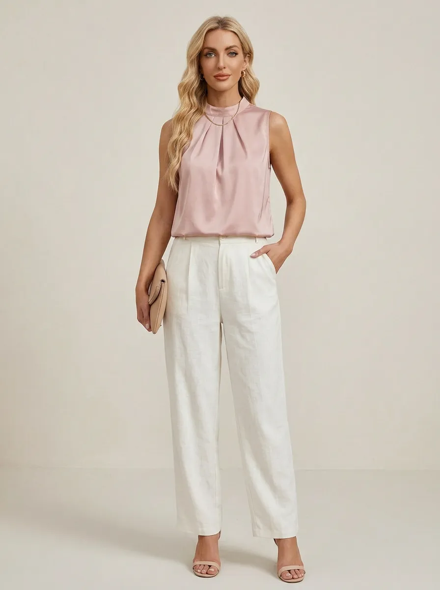 Pleated Mock Neck Sleeveless Blouse