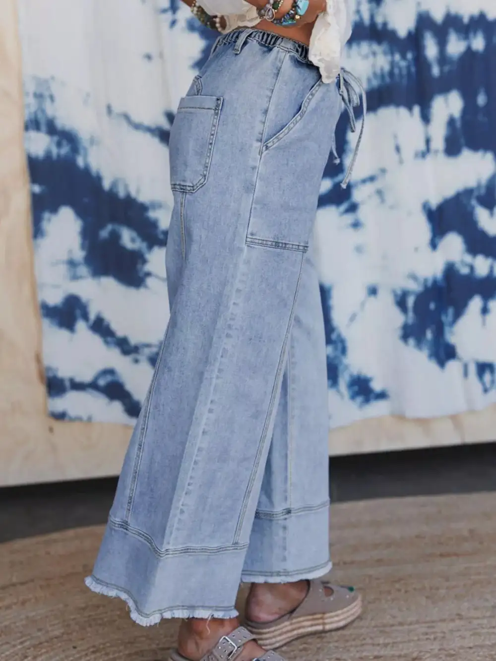 Wide Leg Raw Hem Drawstring Denim Jeans